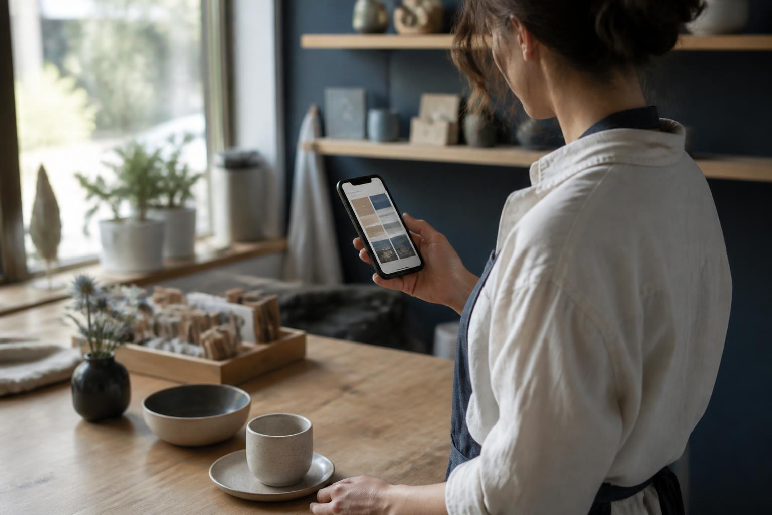 Person in einem kleinen Geschäft schaut auf eine Website auf dem Smartphone