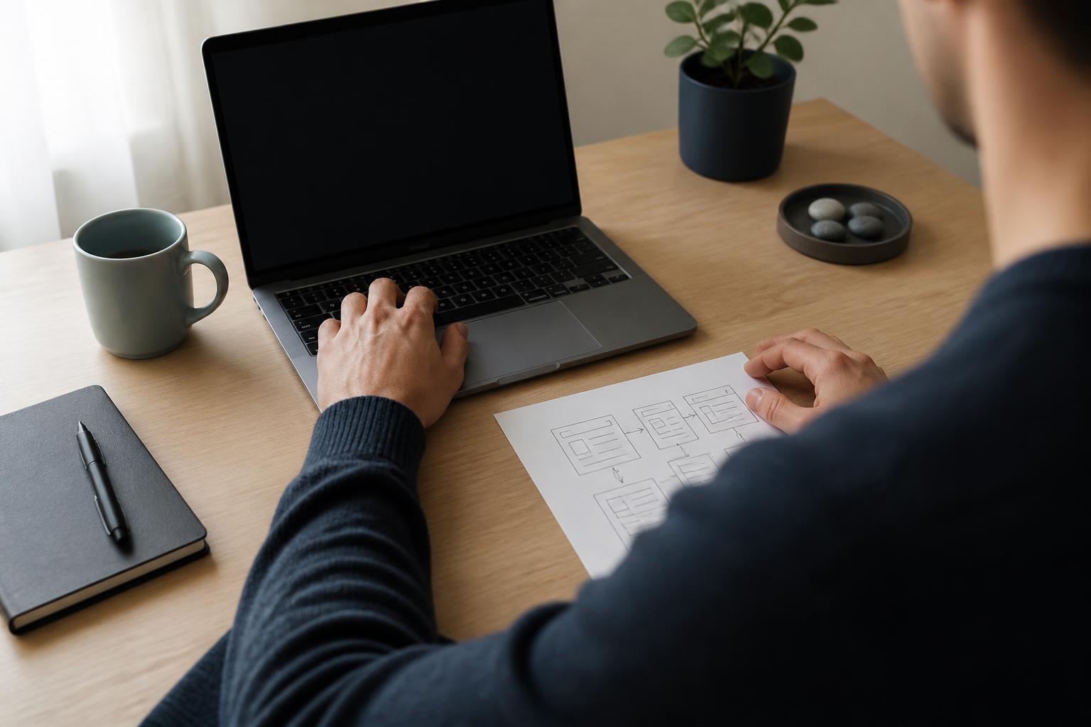 Person arbeitet am Laptop neben einer Skizze einer Seitenstruktur
