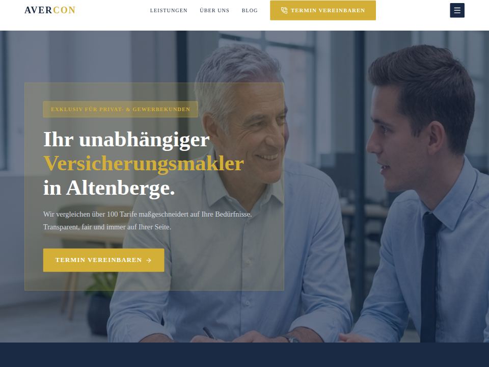 Startseite der Website von avercon Versicherungsmakler